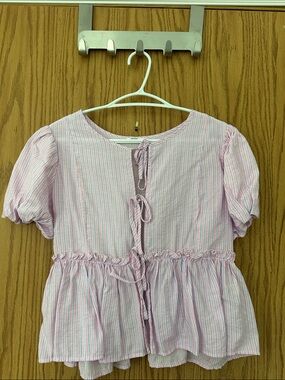Ardene Pink and White Striped Peplum Tie-Front Blouse